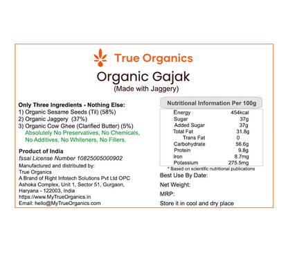 Organic Gajak 400grams (Organic Sesame Seed & Jaggery - Gud)